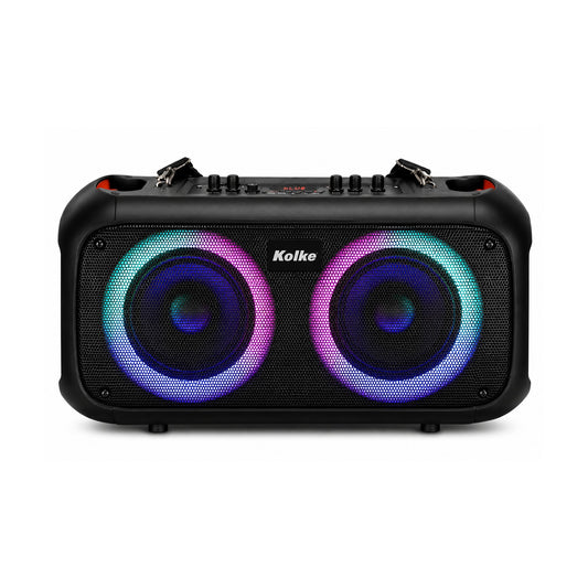 Parlante Kolke Party Dual KPB-515 Doble 6.5" 100W con Micrófono Inalámbrico sobre fondo blanco