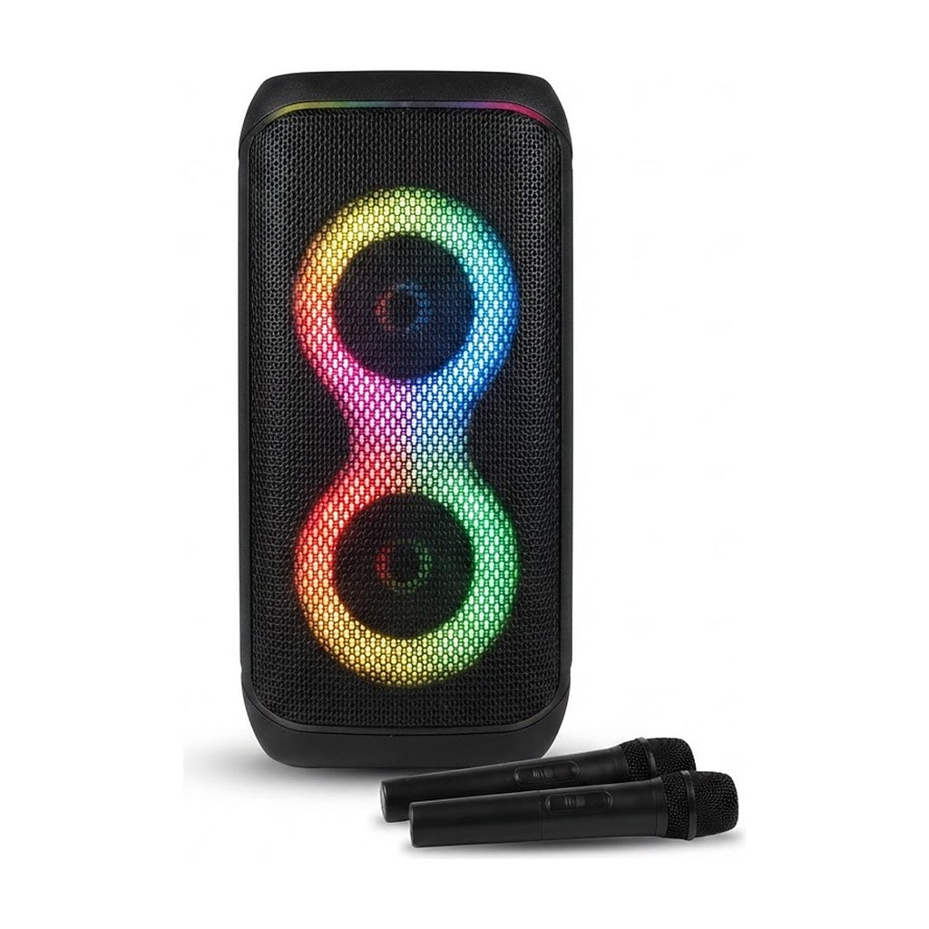 Parlante party de 60W con lámpara LED efecto llama, vista de producto sobre fondo blanco
