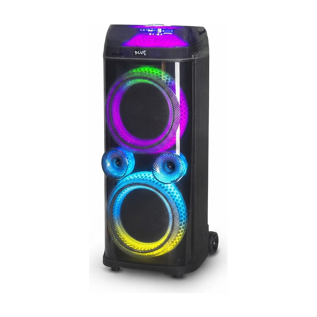 Parlante Portátil 2x10 Pulgadas 80W RMS con 2 Micrófonos Inalámbricos, vista de producto sobre fondo blanco