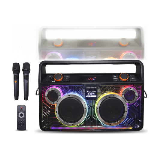 Parlante tipo boombox con dos woofers iluminados, manija superior, dos microfonos y control remoto, sobre fondo blanco