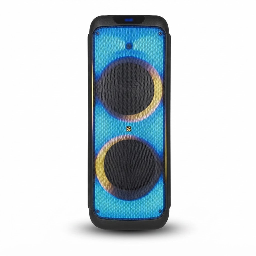 Parlante Portátil 2x12 Pulgadas con 2 Micrófonos Inalámbricos y Control Remoto, vista de producto sobre fondo blanco