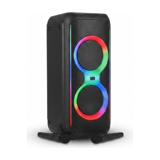 Parlante Portátil de 2x12 Pulgadas con 2 Micrófonos Inalámbricos, vista de producto sobre fondo blanco