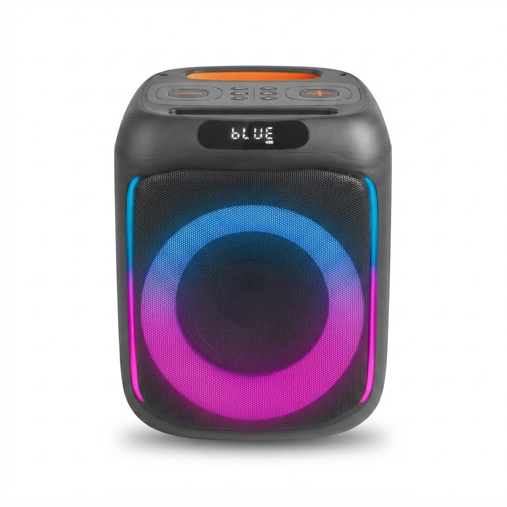 Parlante Portátil de 6,5 Pulgadas 20W con Micrófono y Luces LED, vista de producto sobre fondo blanco