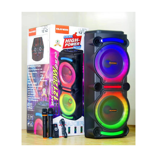 Parlante Portátil 2x12 Pulgadas 40W RMS con Subwoofer Iluminado, vista de producto sobre fondo blanco