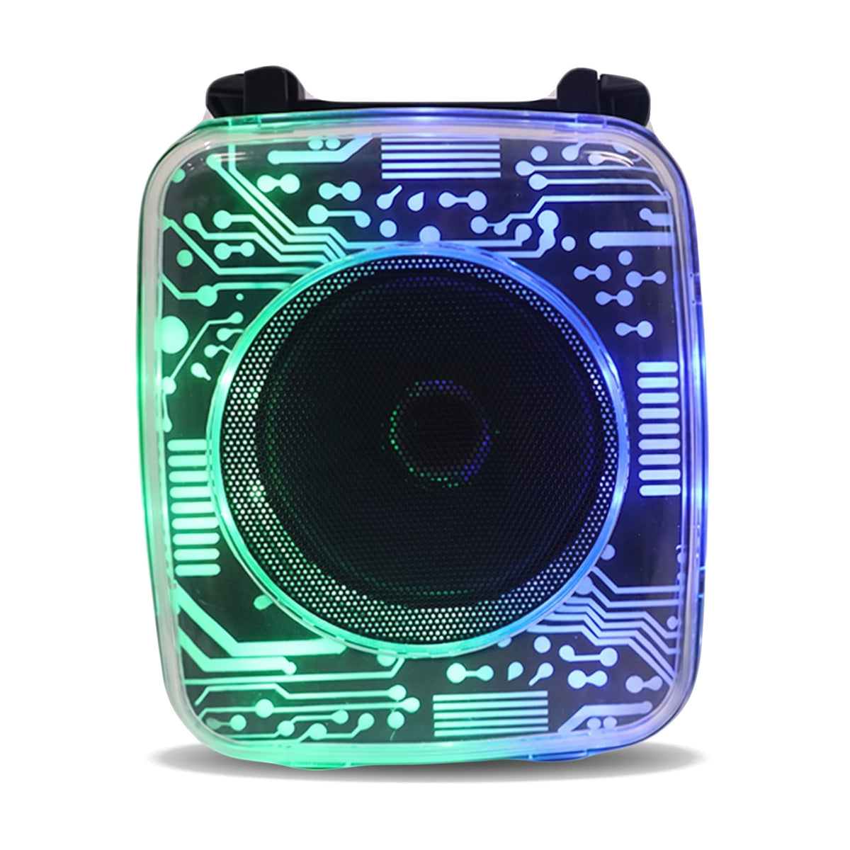 Parlante portátil transparente con circuito iluminado verde y azul