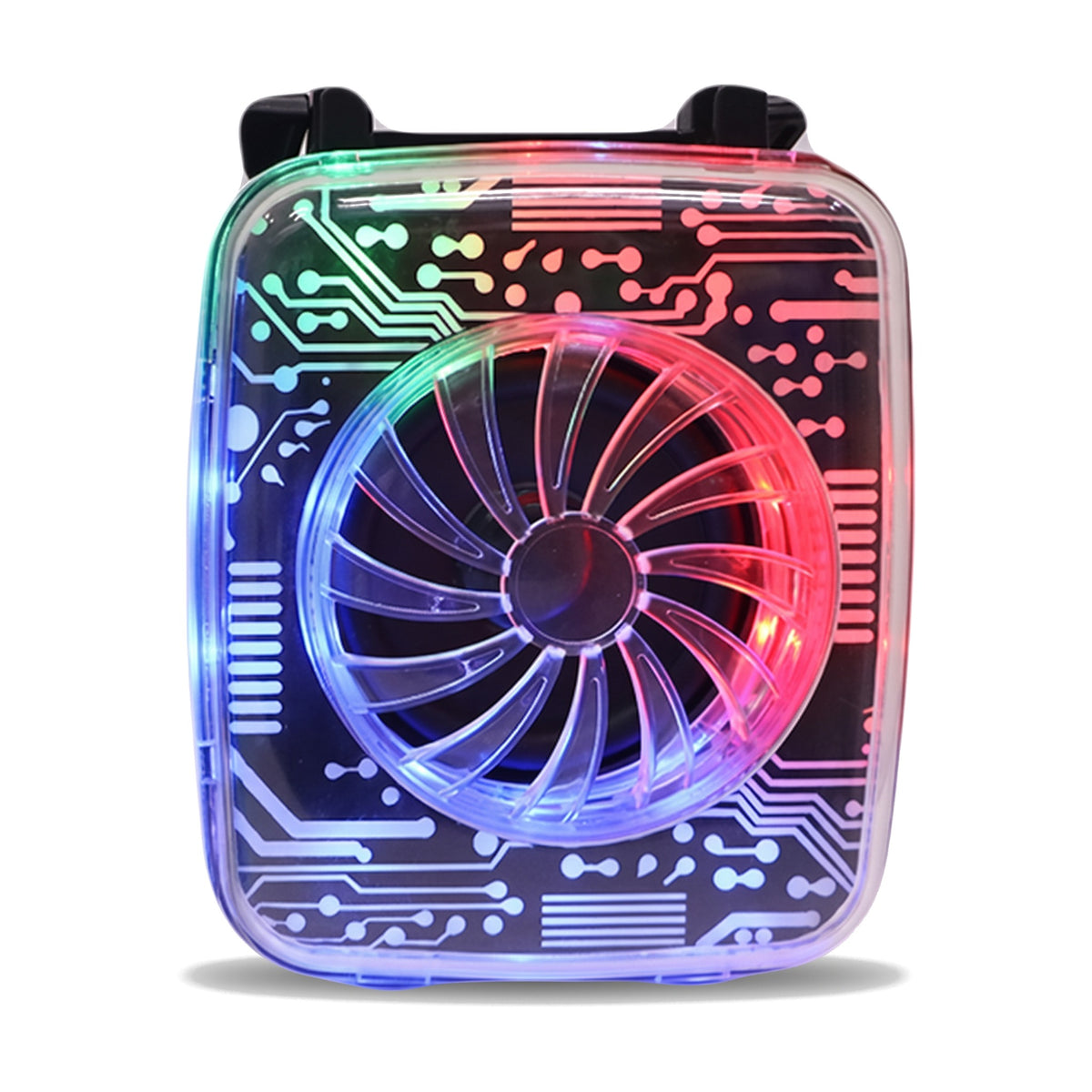 Parlante portátil transparente con ventilador iluminado RGB