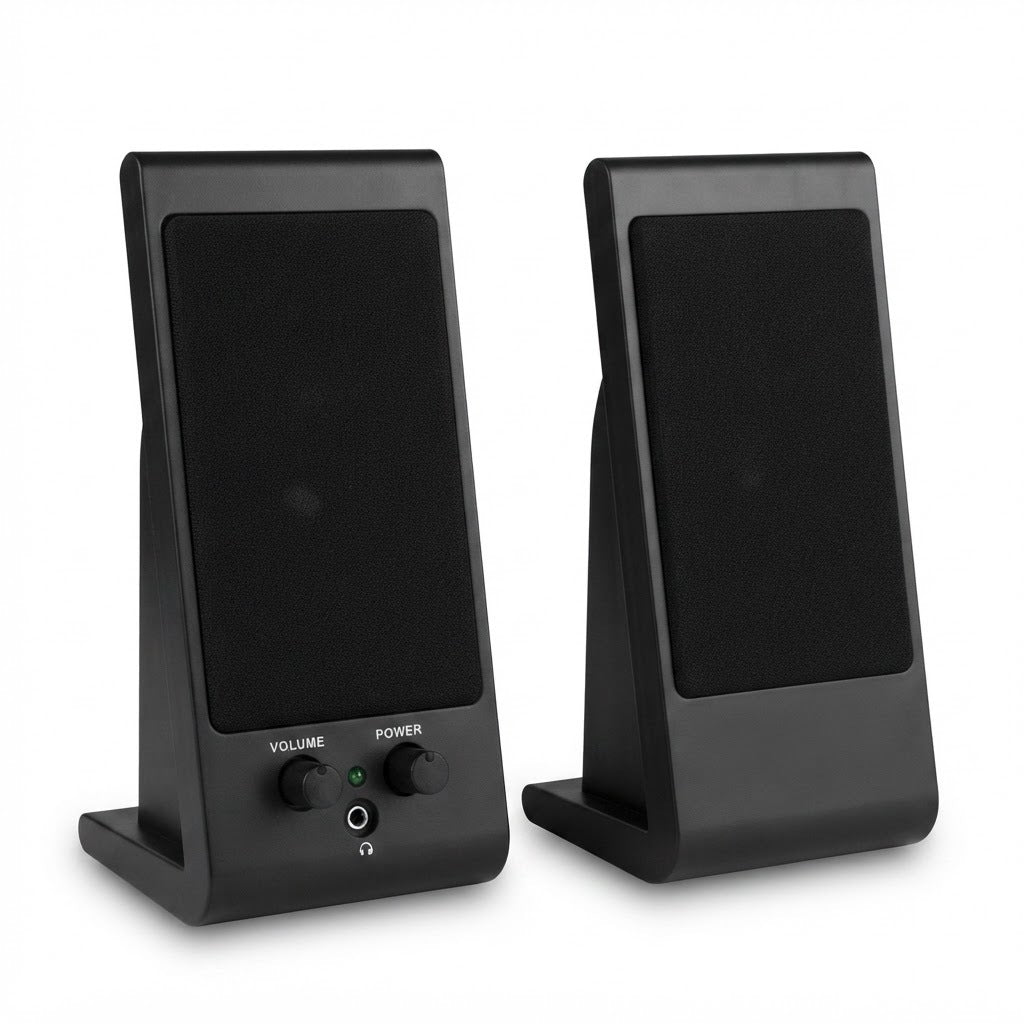 Parlante 2.0 USB de 2 W RMS con Control de Volumen, vista de producto sobre fondo blanco