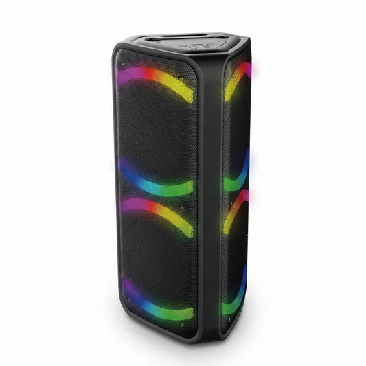 Parlante torre de 2x10 pulgadas con Bluetooth y radio FM, vista de producto sobre fondo blanco