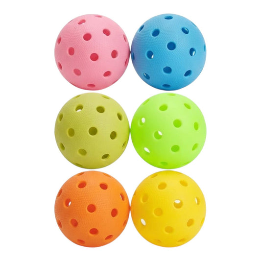 Seis pelotas de pickleball de exterior SATE PK-061 en rosa, celeste, amarillo, verde y naranja, con perforación de agujeros chicos