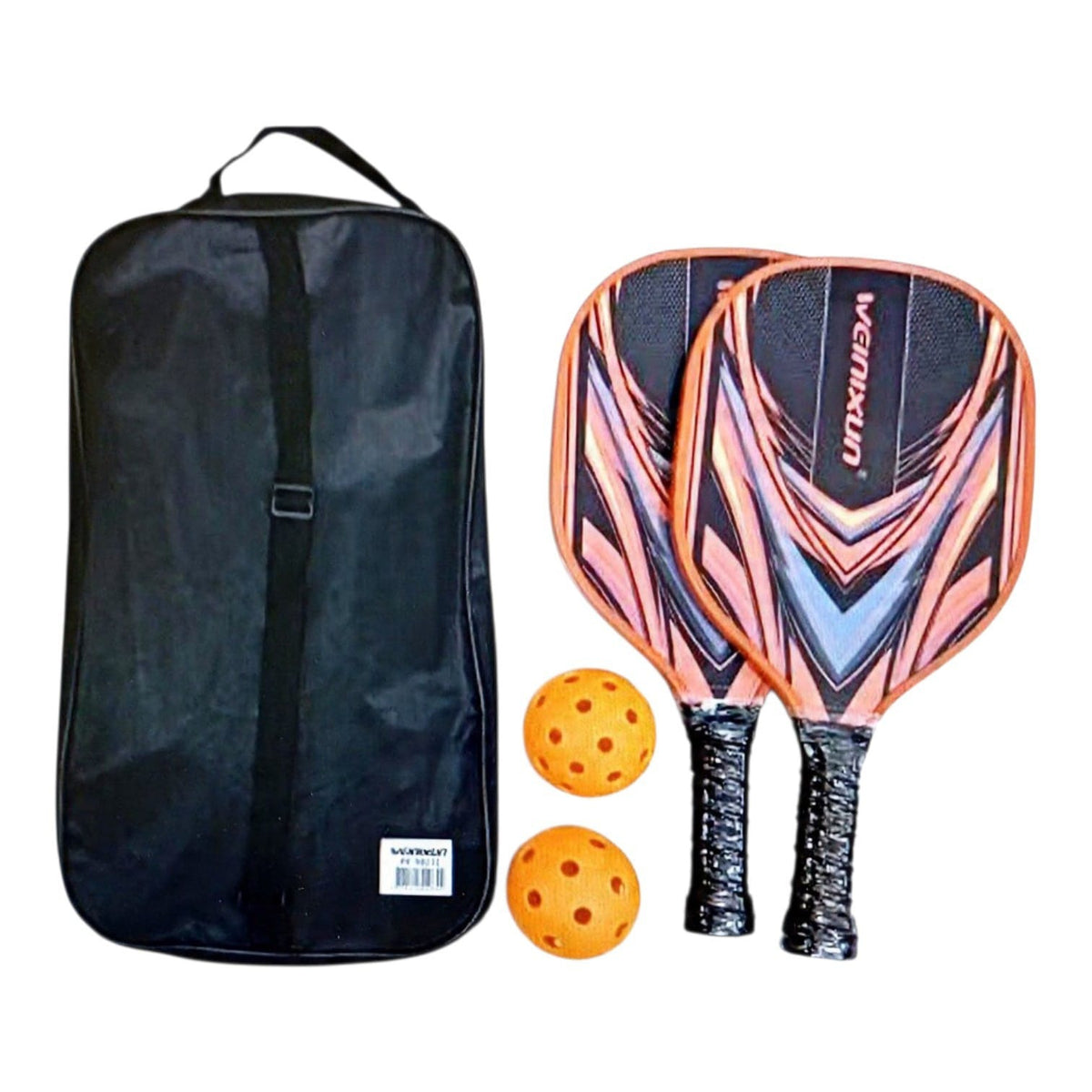 Set de pickleball SATE PK08031 con dos raquetas de tilo en naranja y azul, dos pelotas y bolso negro