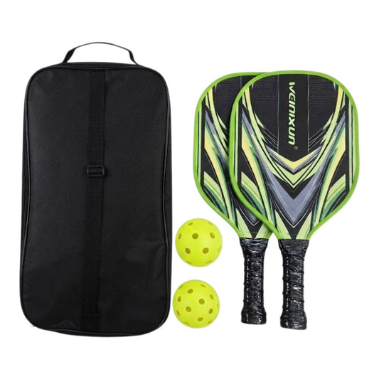 Set de pickleball SATE PK08032 con dos raquetas de tilo en verde y gris, dos pelotas y bolso negro
