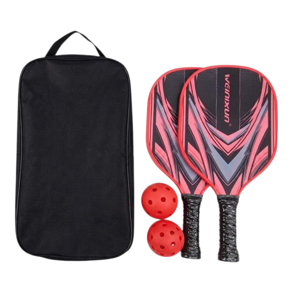 Set de pickleball SATE PK08034 con dos raquetas de tilo en rojo y gris, dos pelotas rojas y bolso negro
