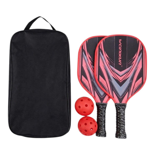 Set de pickleball SATE PK08034 con dos raquetas de tilo en rojo y gris, dos pelotas rojas y bolso negro