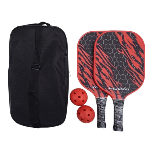 Set de pickleball SATE PK08051 con dos raquetas de fibra de vidrio rojas con patrón hexagonal, pelota y bolso negro