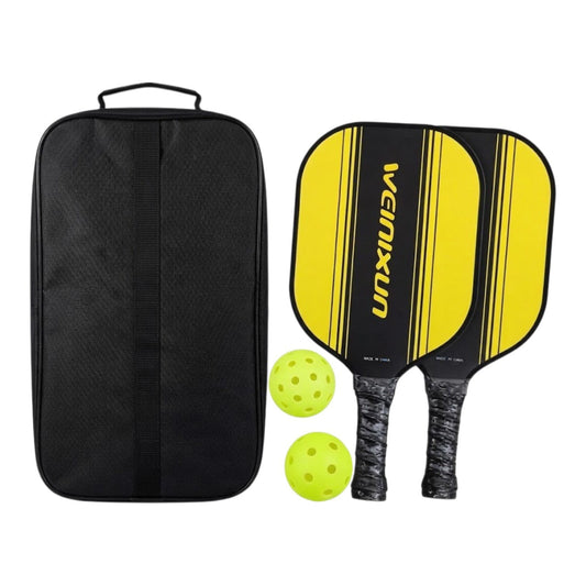Set de pickleball SATE PK08052 con dos raquetas de fibra de vidrio amarillas, pelota y bolso negro