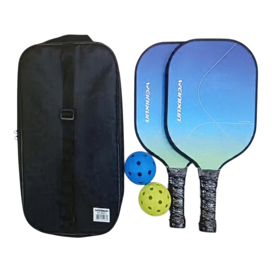 Set de pickleball SATE PK08053 con dos raquetas de fibra de vidrio en degradé azul, dos pelotas y bolso negro