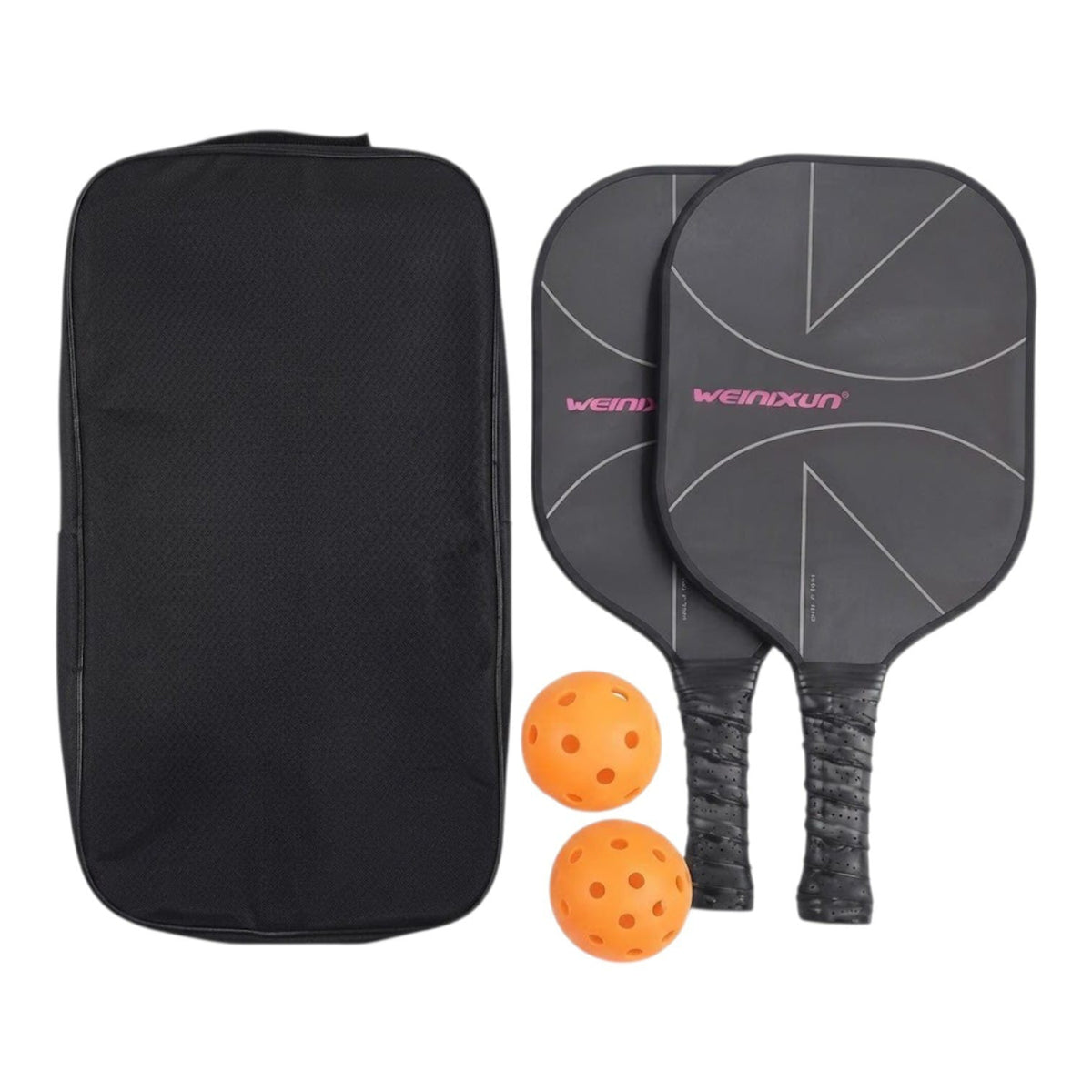 Set de pickleball SATE PK08054 con dos raquetas de fibra de vidrio grises, dos pelotas y bolso negro
