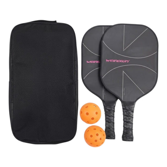 Set de pickleball SATE PK08054 con dos raquetas de fibra de vidrio grises, dos pelotas y bolso negro