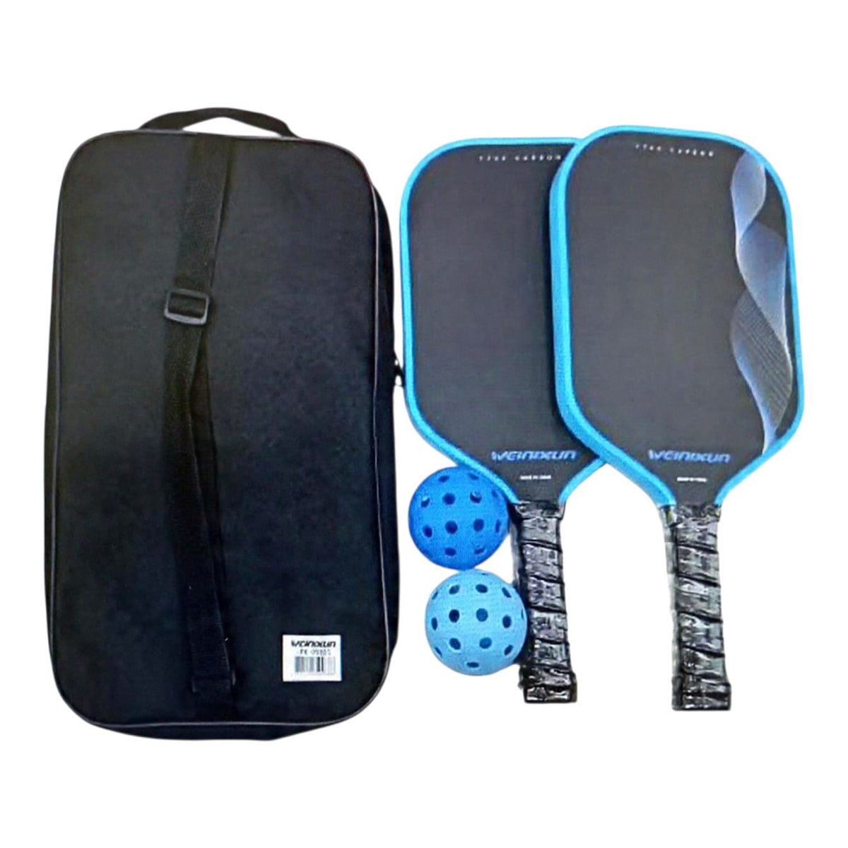 Set de pickleball SATE PK09881 con dos raquetas de fibra de carbono celestes y negras, dos pelotas y bolso