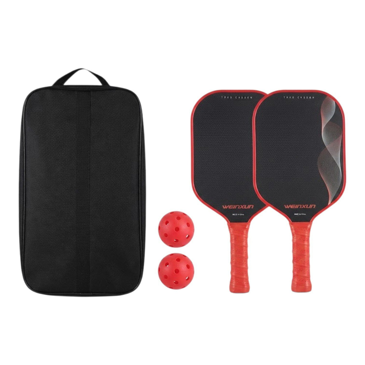 Set de pickleball SATE PK09882 con dos raquetas de fibra de carbono rojas y negras, dos pelotas y bolso