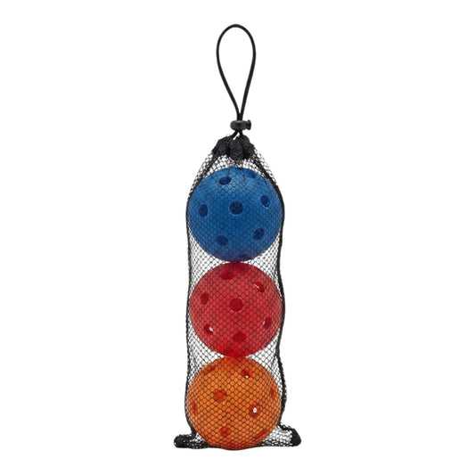 Tres pelotas de pickleball de interior SATE PK-131 azul, roja y naranja dentro de una bolsa de malla con cordón