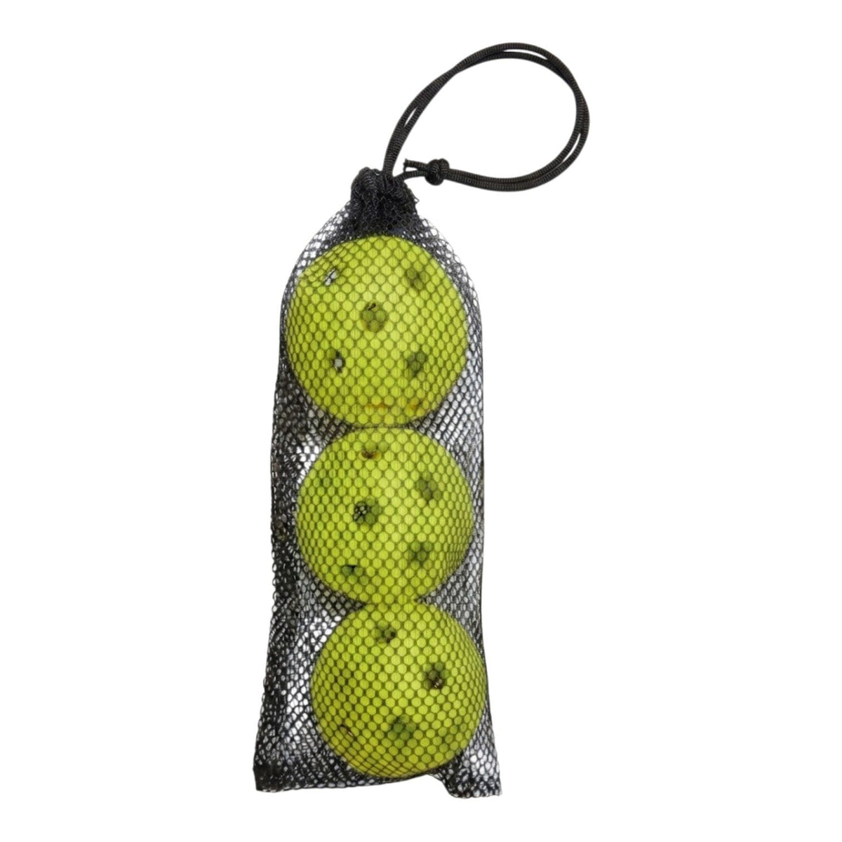 Tres pelotas de pickleball de interior SATE PK-132 amarillas dentro de una bolsa de malla con cordón