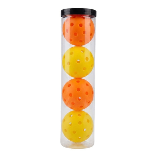 Tubo plástico con cuatro pelotas de pickleball oficiales SATE PK-R041 en naranja y amarillo