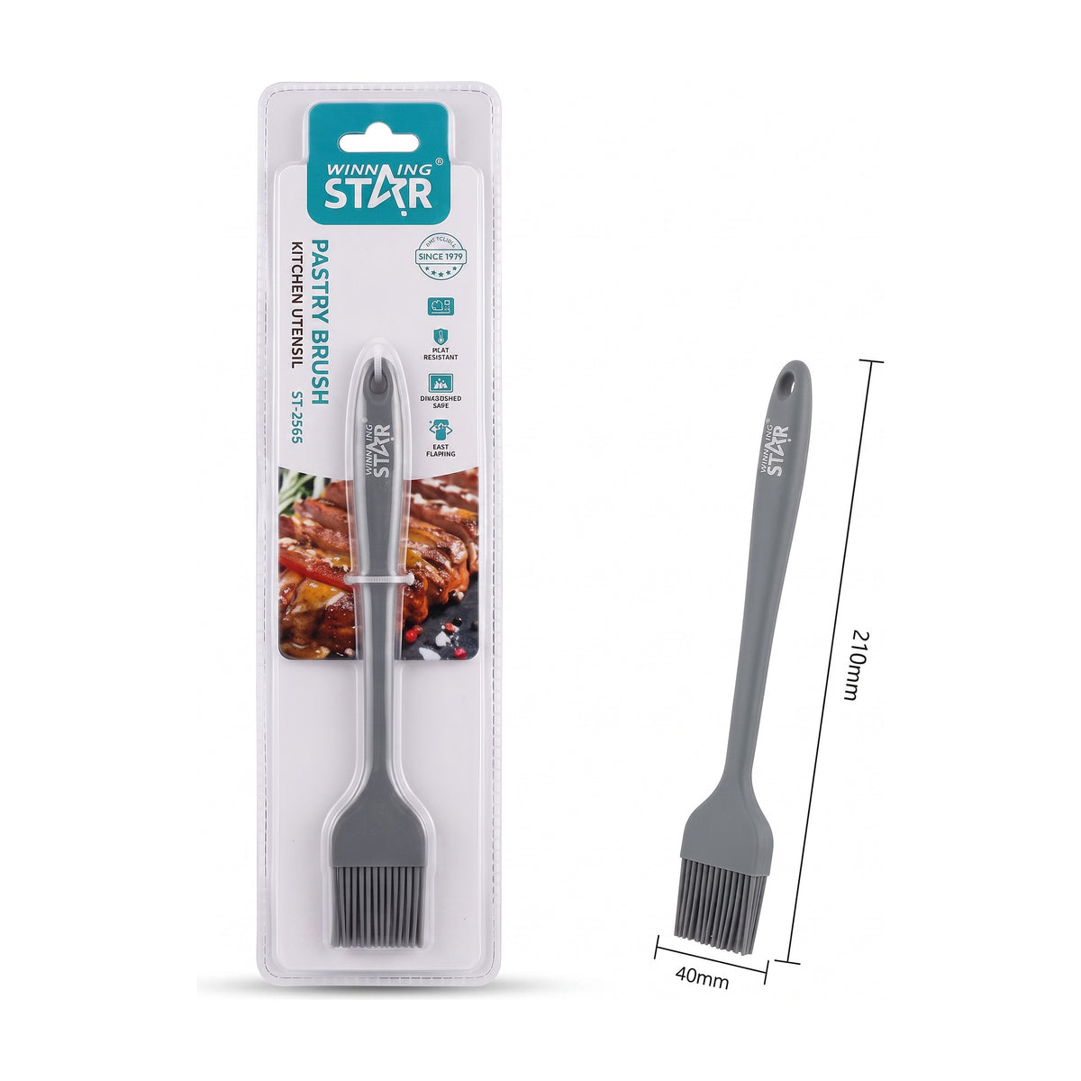 Pincel de cocina de silicona gris en su envase blister junto al pincel suelto, sobre fondo blanco