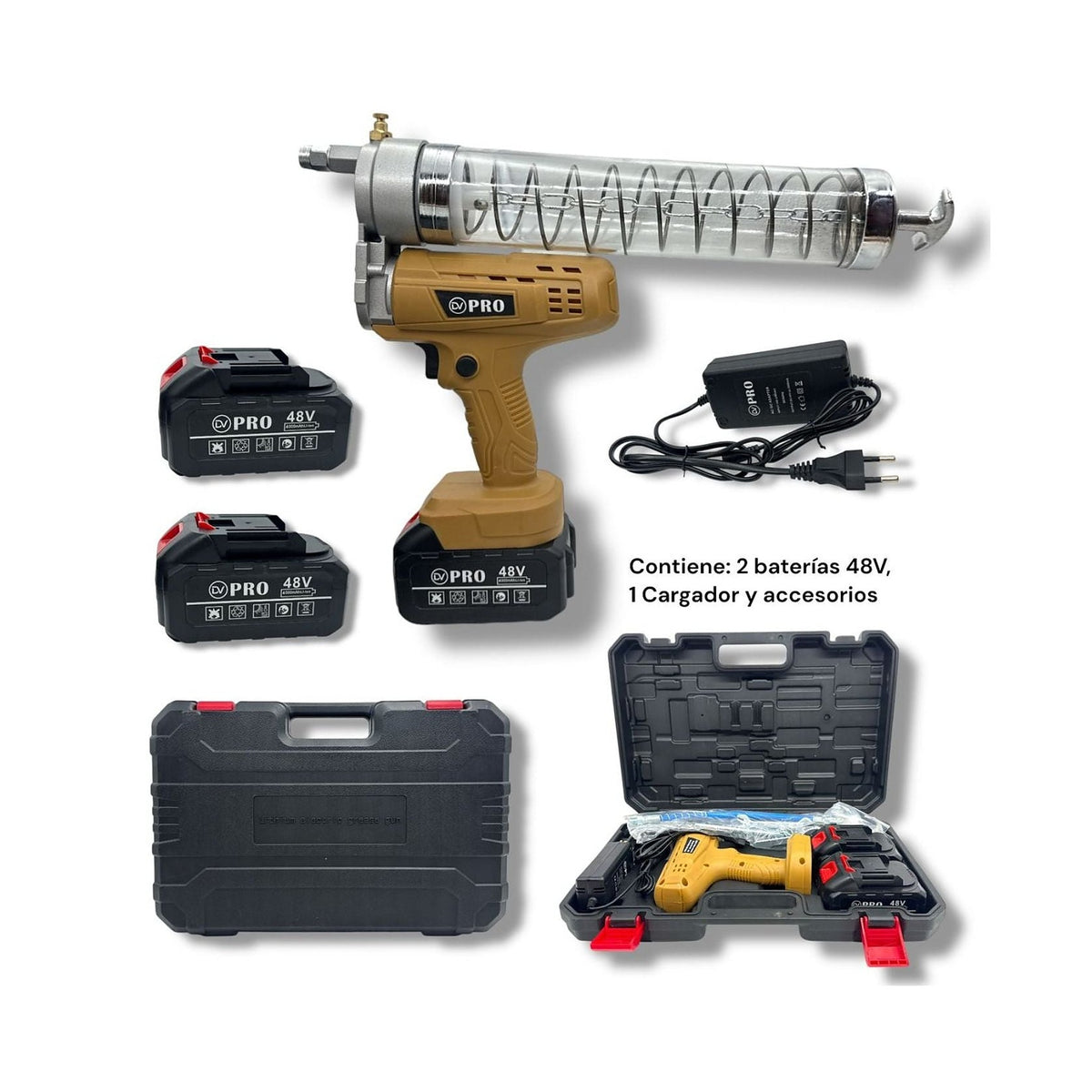 Pistola de Engrase Inalámbrica 48V DV-9103 Alta Presión Kit Mediano de DIVINO, producto centrado sobre fondo blanco