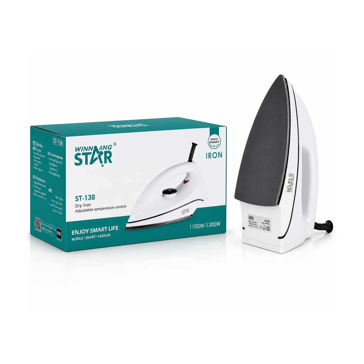 Plancha Winning Star ST-138 1300W Blanca sobre fondo blanco, vista completa del producto