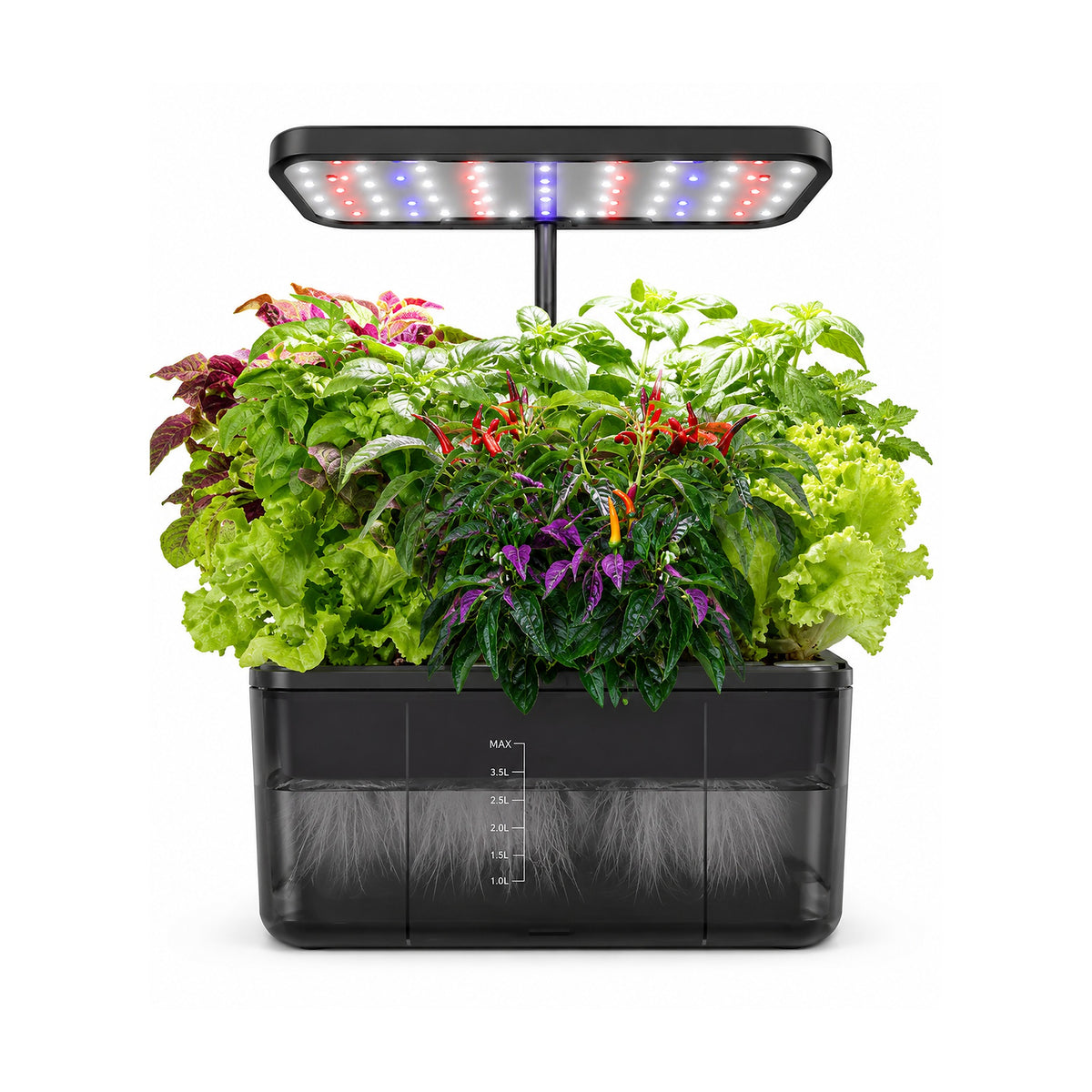 Plantera Smart Z222-1 Negra con Cultivo Hidropónico LED de SATE, producto centrado sobre fondo blanco