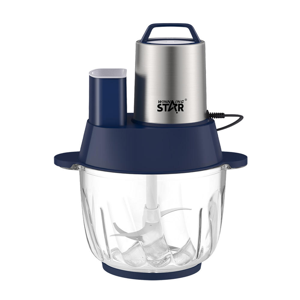 Procesador de alimentos Winning Star ST-5580 con bloque motor azul marino y acero inoxidable, manija superior y bowl de vidrio con cuchillas