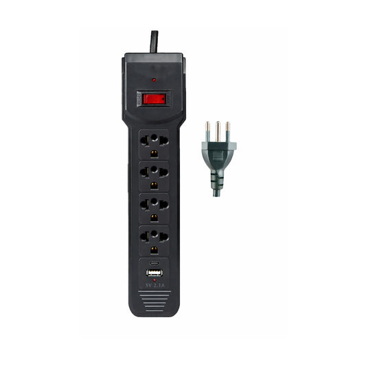 Prolongador Eléctrico SATE A-R14 5 Tomas con USB y Interruptor sobre fondo blanco
