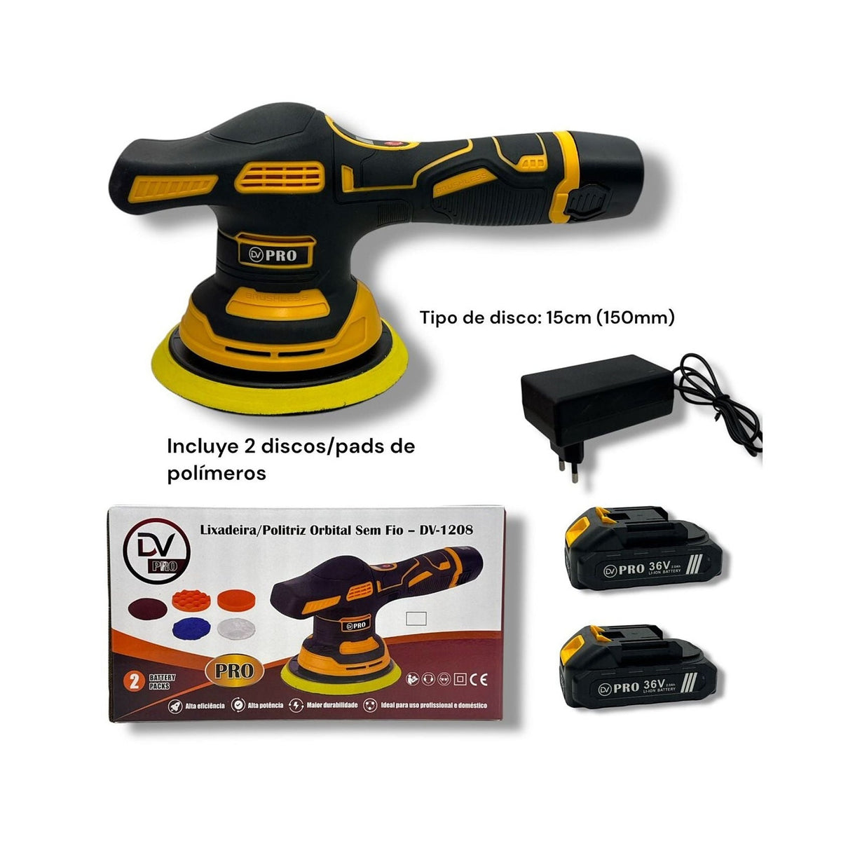 Pulidora Orbital Inalámbrica 18V Brushless DV-1208 con Baterías de DIVINO, producto centrado sobre fondo blanco