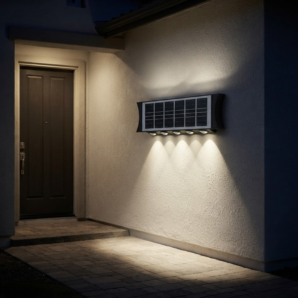 Reflector solar instalado junto a la puerta de entrada, iluminando la pared y el piso de noche