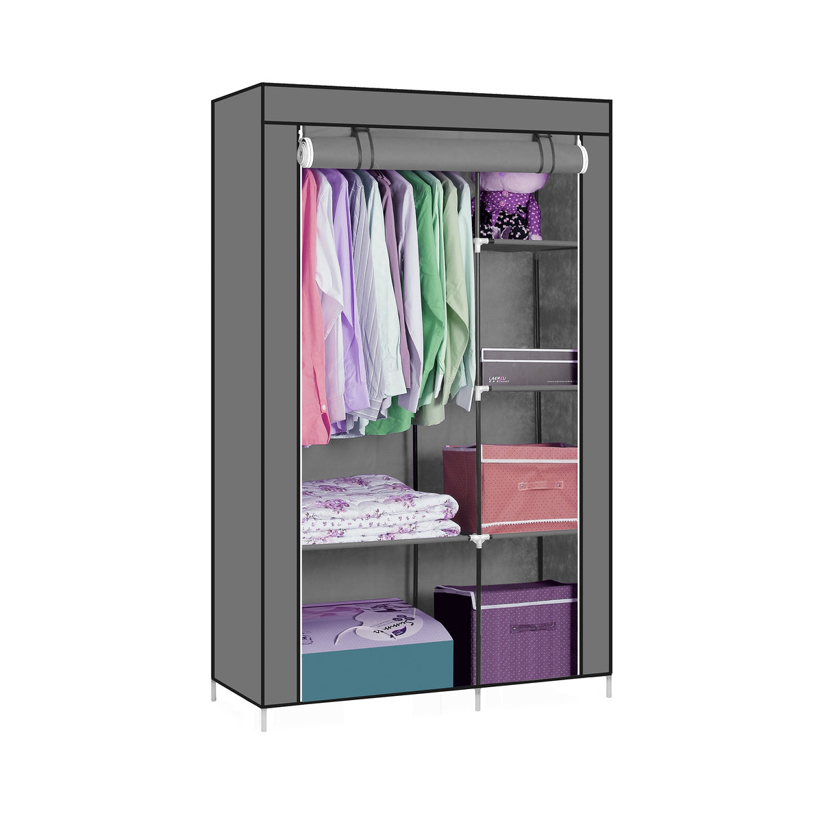 Ropero armable de tela Decoteam DDR-005 color gris con ropa colgada