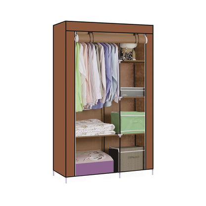 Ropero armable de tela Decoteam DDR-005 color marrón con ropa colgada