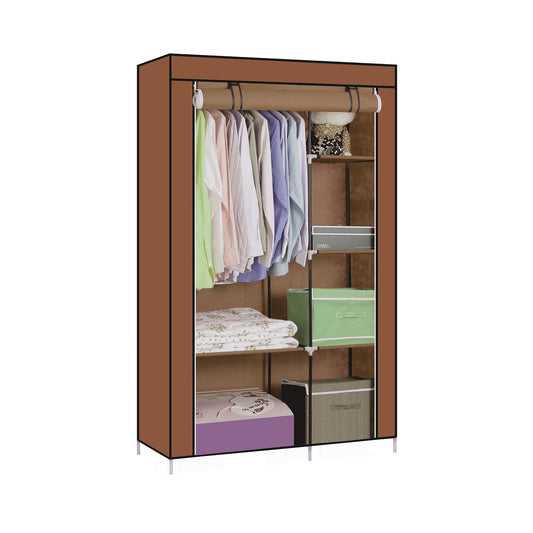 Ropero armable de tela Decoteam DDR-005 color marrón con ropa colgada
