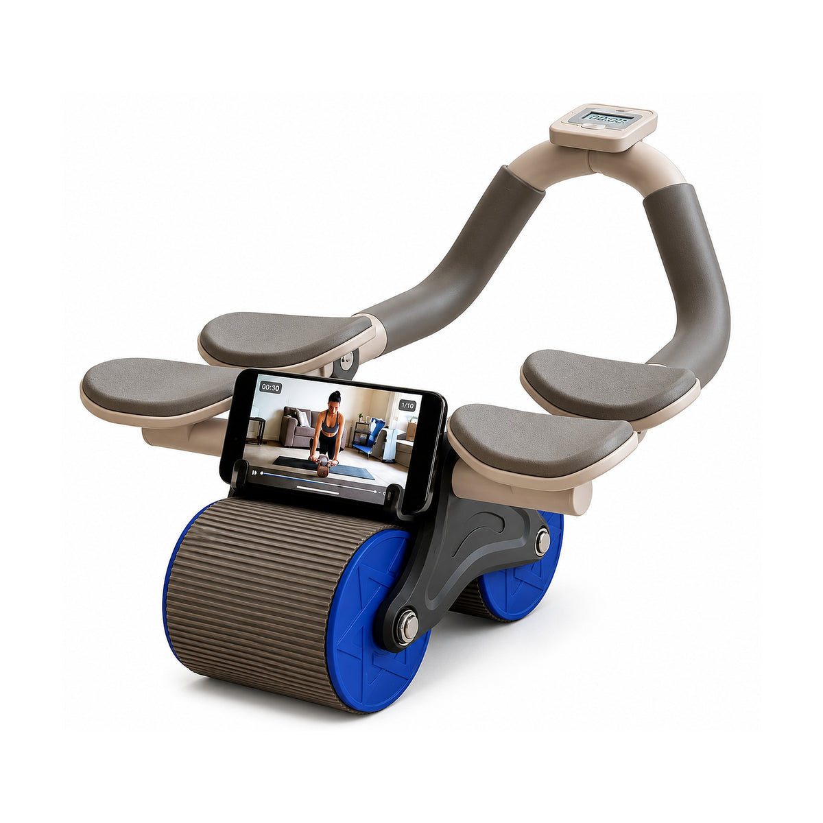 Rueda Abdominal Doble con Soporte para Codos y Display Digital Azul de LEVEL, producto centrado sobre fondo blanco