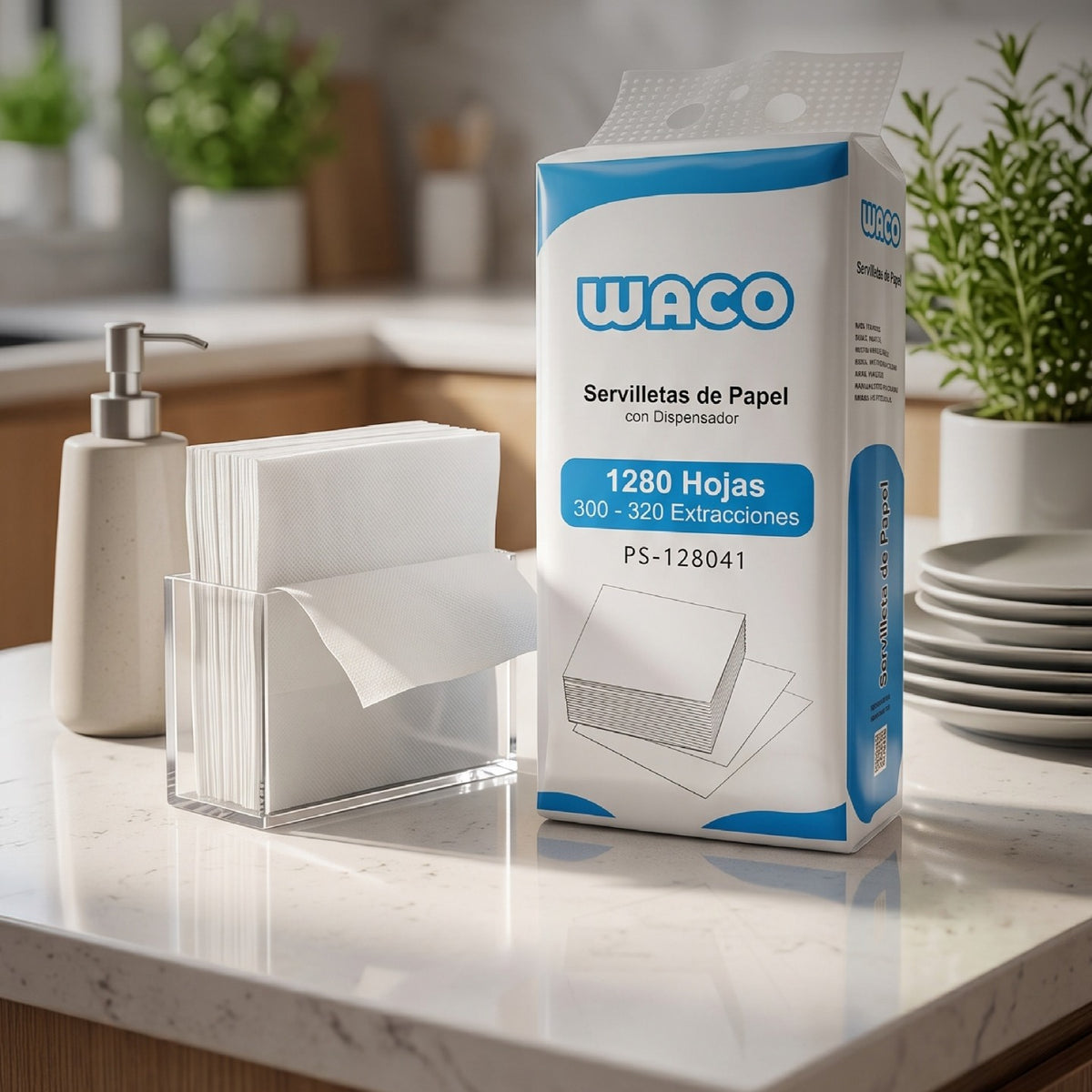 Caja de servilletas de papel WACO PS-128041 de 1280 hojas junto a un dispensador transparente en una cocina