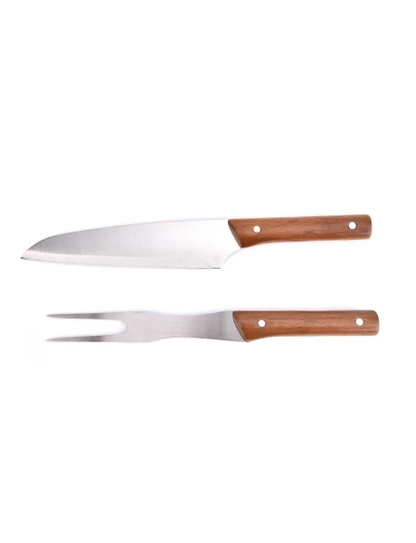 SET 2PCS CUCHILLO/TENEDOR PARRILLA MANGO MADERA