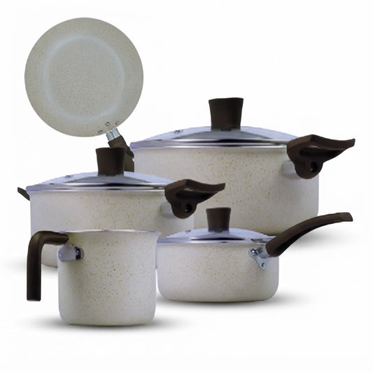 Set de cocción Multiflon Eko beige de 5 piezas con ollas, cacerola y sartén