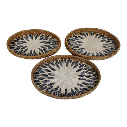 Set de 3 bandejas tejidas con mosaico de nácar