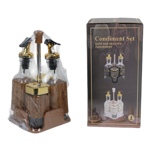 Set de aceitero, vinagrero y saleros 4 piezas dorado y madera