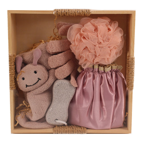Set de baño de regalo en caja de madera 29 x 28 cm rosa