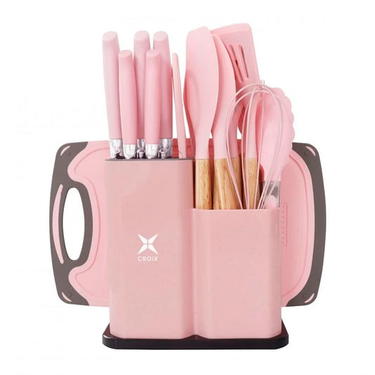 SET DE UTENSILIOS 19 PCS CROIX SILICONA+MADERA ROSA