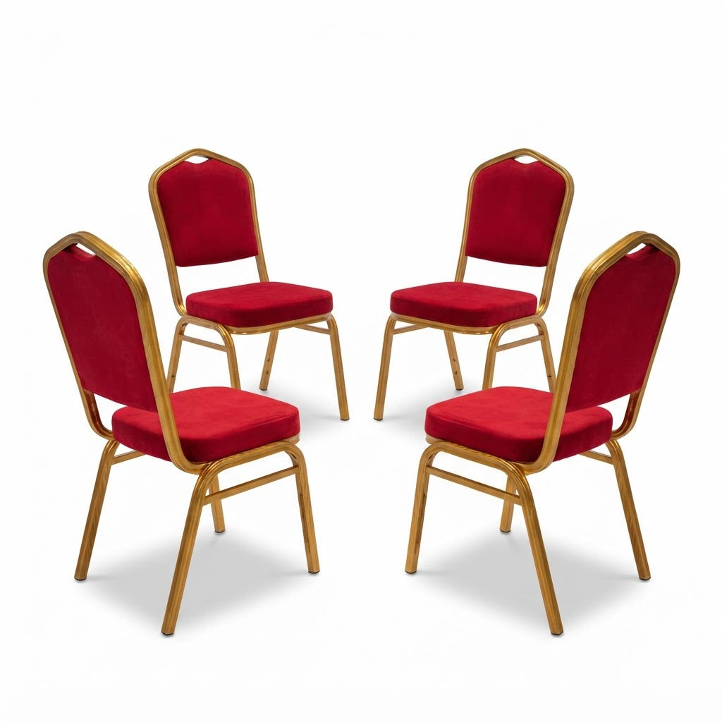 Cuatro sillas para eventos con tapizado rojo y estructura dorada