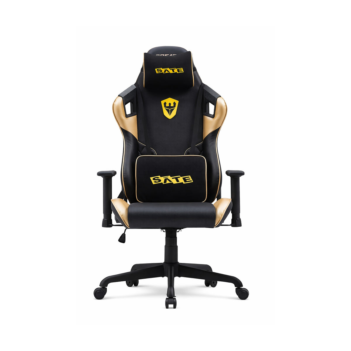Silla Gamer A-GC8602 Negro y Amarillo Reclinable 180° de SATE, producto centrado sobre fondo blanco