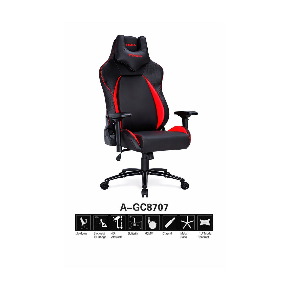 Silla Gamer SATE A-GC8707 Reclinable 180° con Reposabrazos 4D de SATE, producto centrado sobre fondo blanco