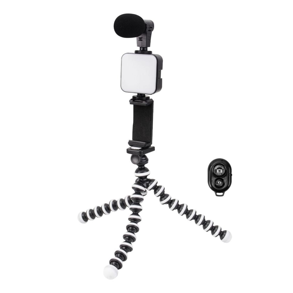 Trípode para videos SATE A-RM900K con luz LED y micrófono